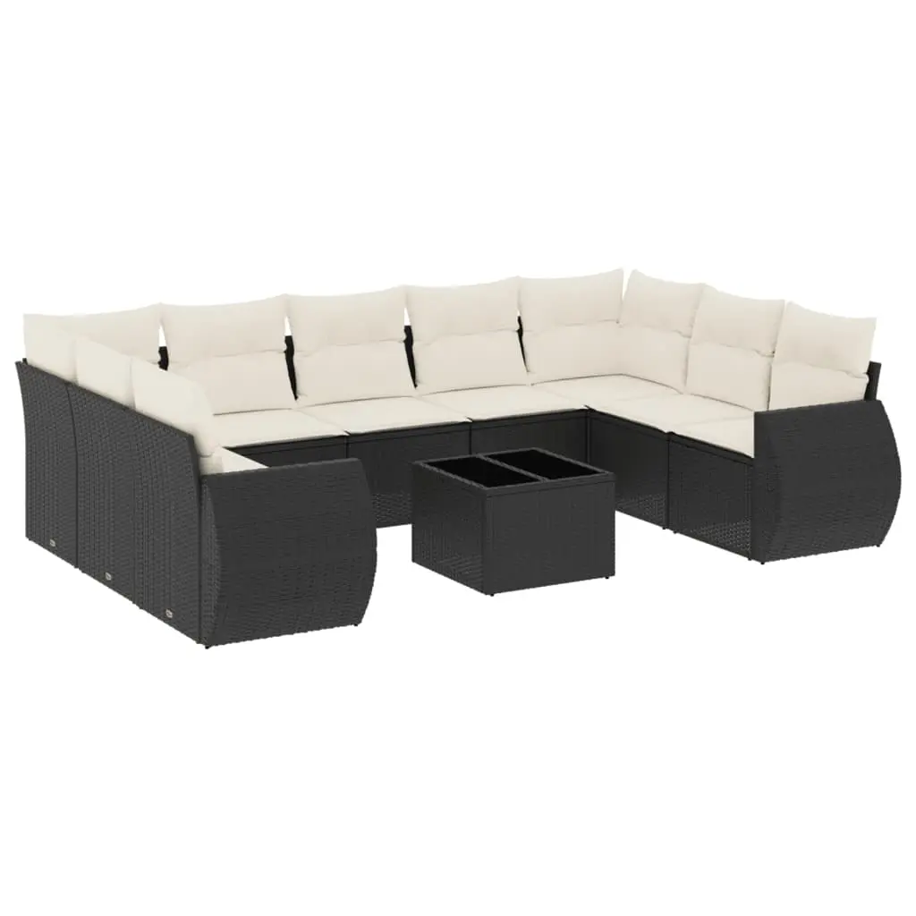 10 Piece Garden Sofa Set with Cushions Black Poly Rattan 3254143 - Furniture