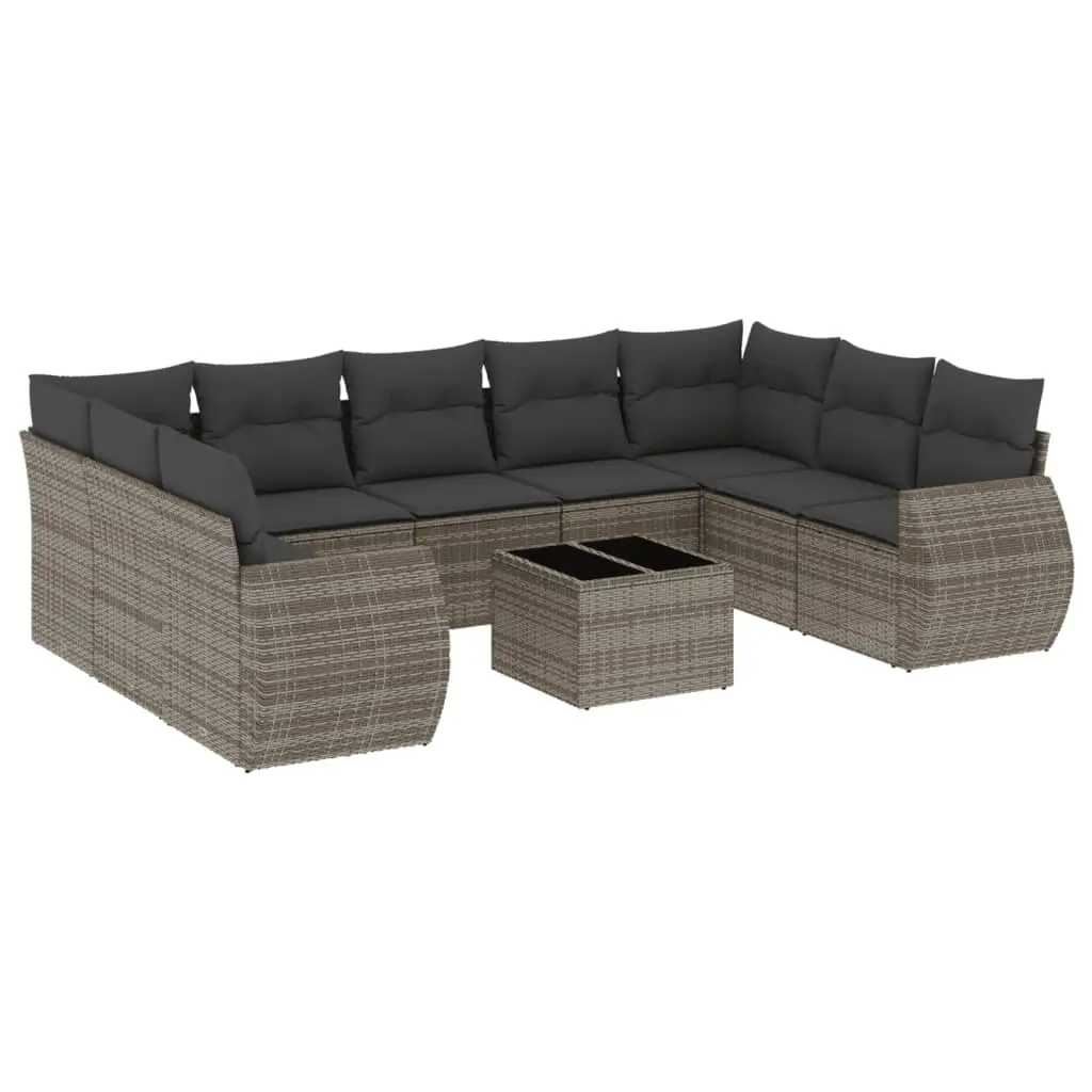 10 Piece Garden Sofa Set with Cushions Grey Poly Rattan 3254147 - Furniture