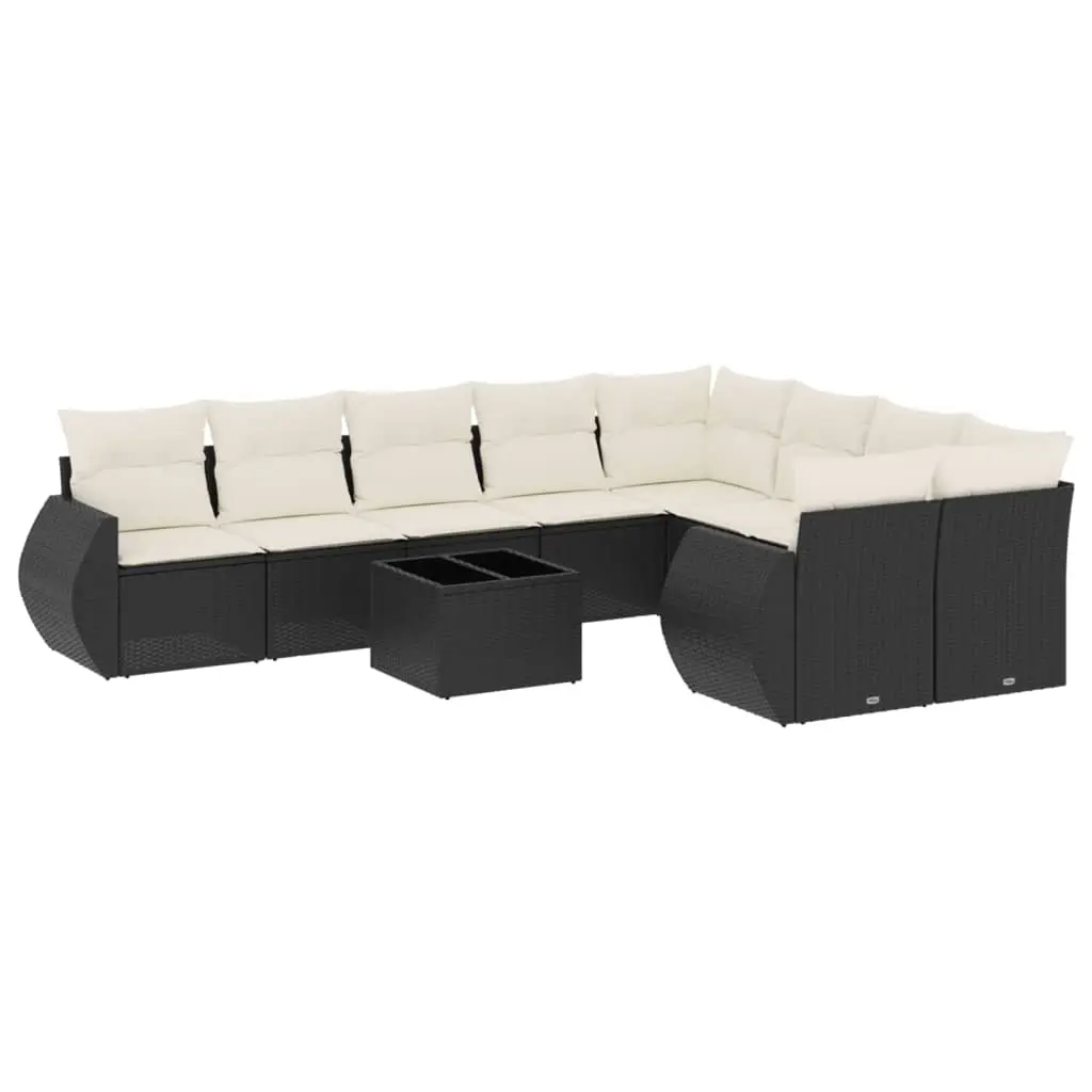 10 Piece Garden Sofa Set with Cushions Black Poly Rattan 3254183 - Furniture