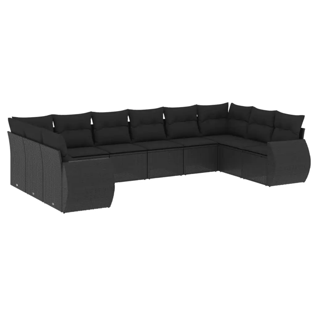 10 Piece Garden Sofa Set with Cushions Black Poly Rattan 3254202 - Furniture