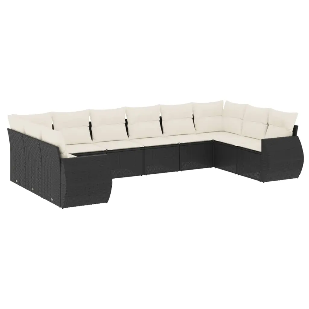 10 Piece Garden Sofa Set with Cushions Black Poly Rattan 3254203 - Furniture