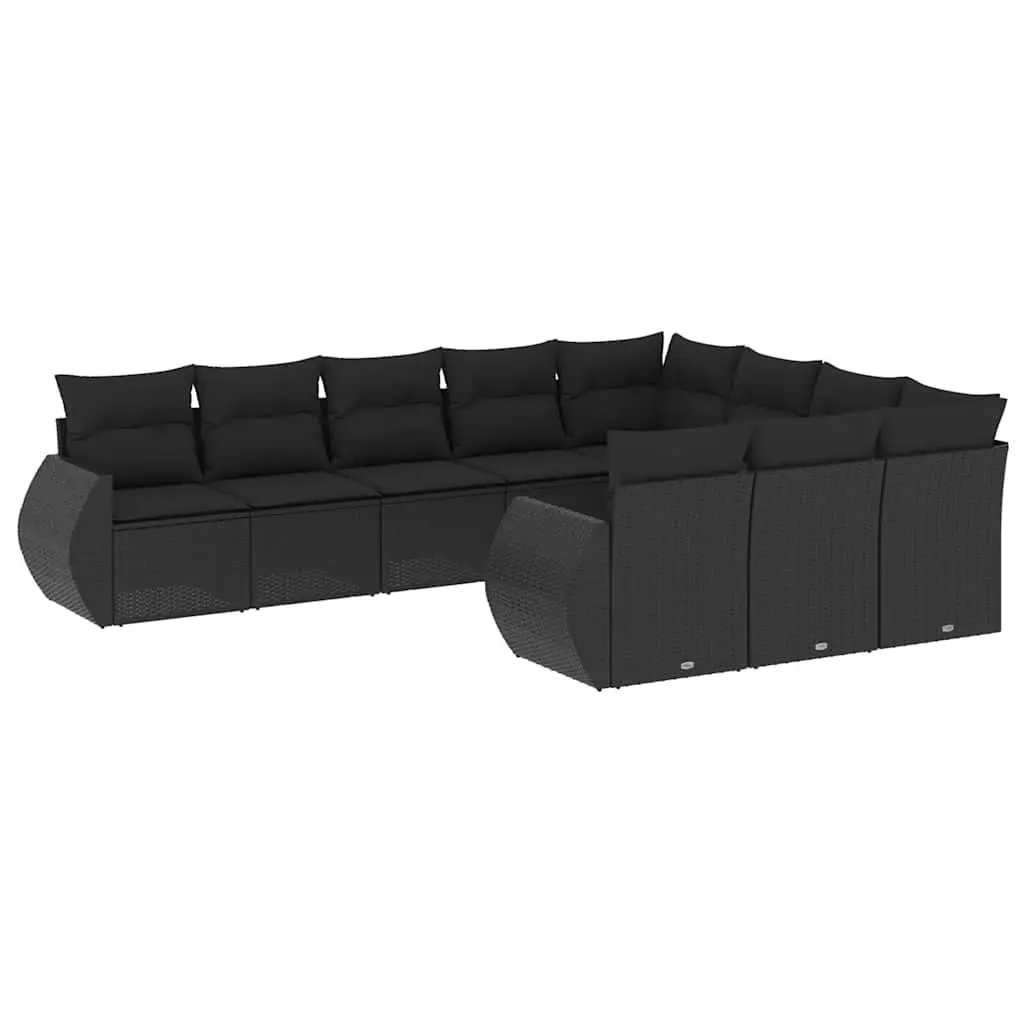 10 Piece Garden Sofa Set with Cushions Black Poly Rattan 3254222 - Furniture