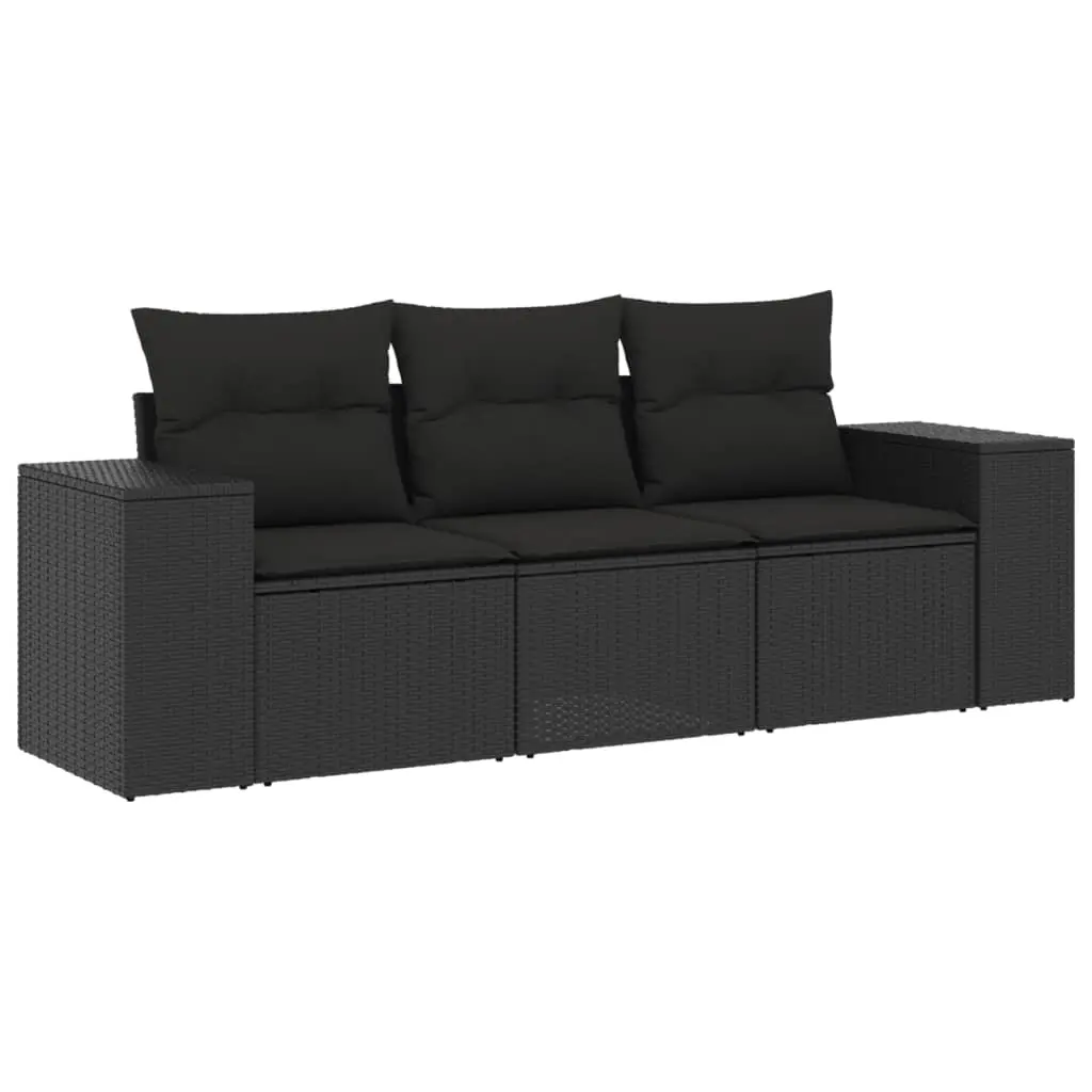 3 Piece Garden Sofa Set with Cushions Black Poly Rattan 3254592 - Furniture