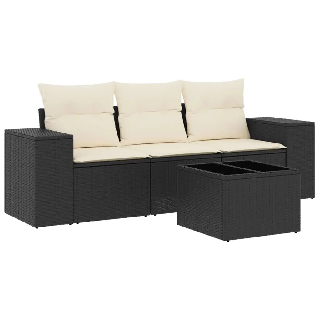 4 Piece Garden Sofa Set with Cushions Black Poly Rattan 3254603 - Furniture