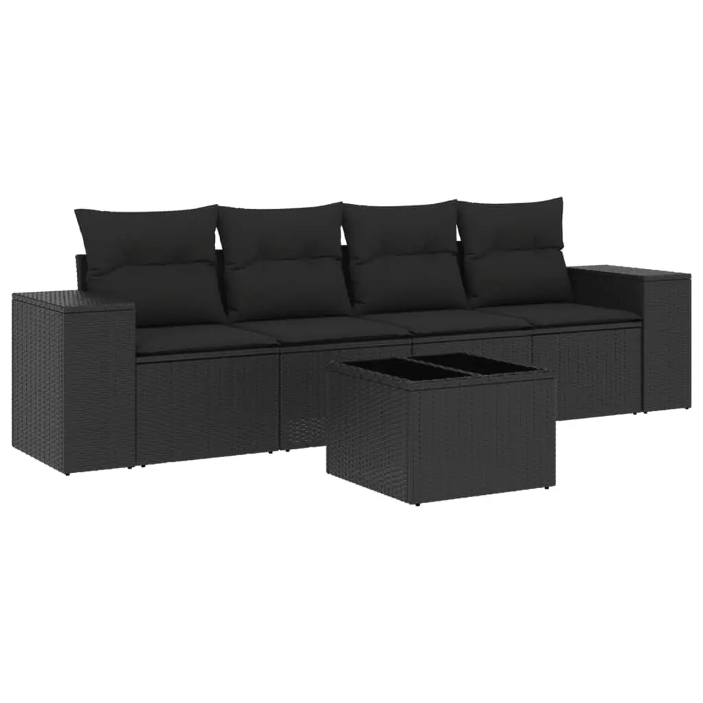 5 Piece Garden Sofa Set with Cushions Black Poly Rattan 3254622 - Furniture