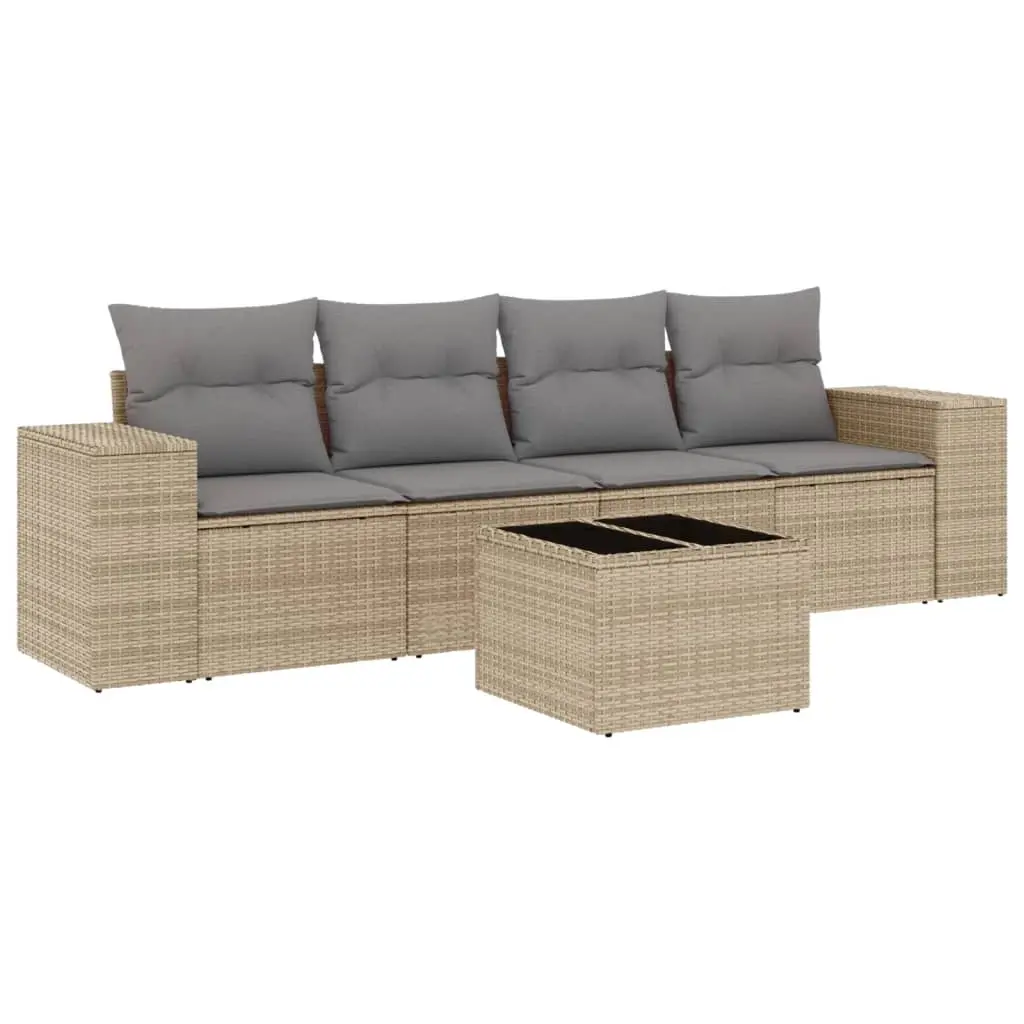 5 Piece Garden Sofa Set with Cushions Beige Poly Rattan 3254626 - Furniture