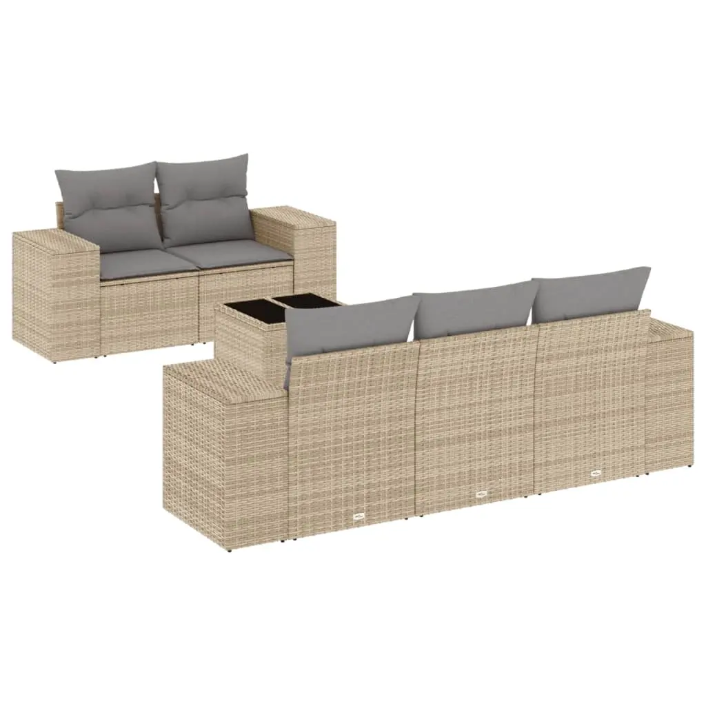 6 Piece Garden Sofa Set with Cushions Beige Poly Rattan 3254636 - Furniture