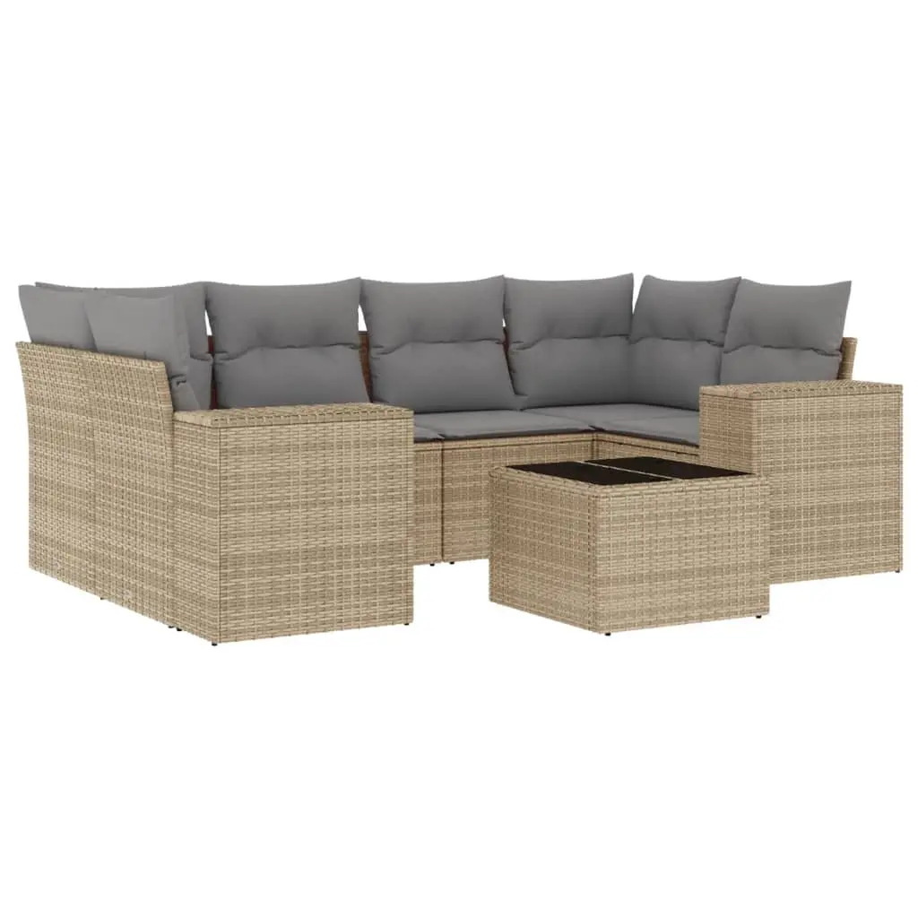 7 Piece Garden Sofa Set with Cushions Beige Poly Rattan 3254656 - Furniture