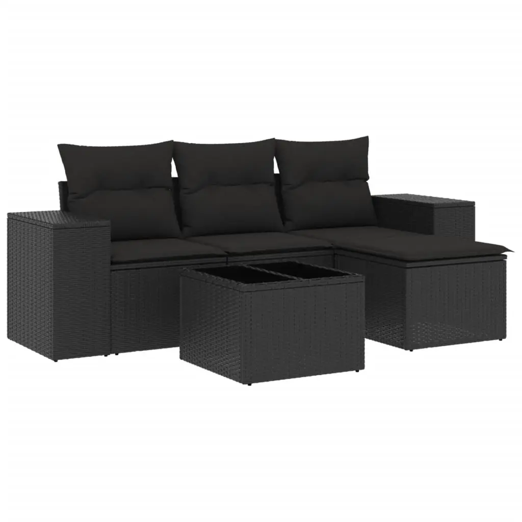 5 Piece Garden Sofa Set with Cushions Black Poly Rattan 3254812 - Furniture