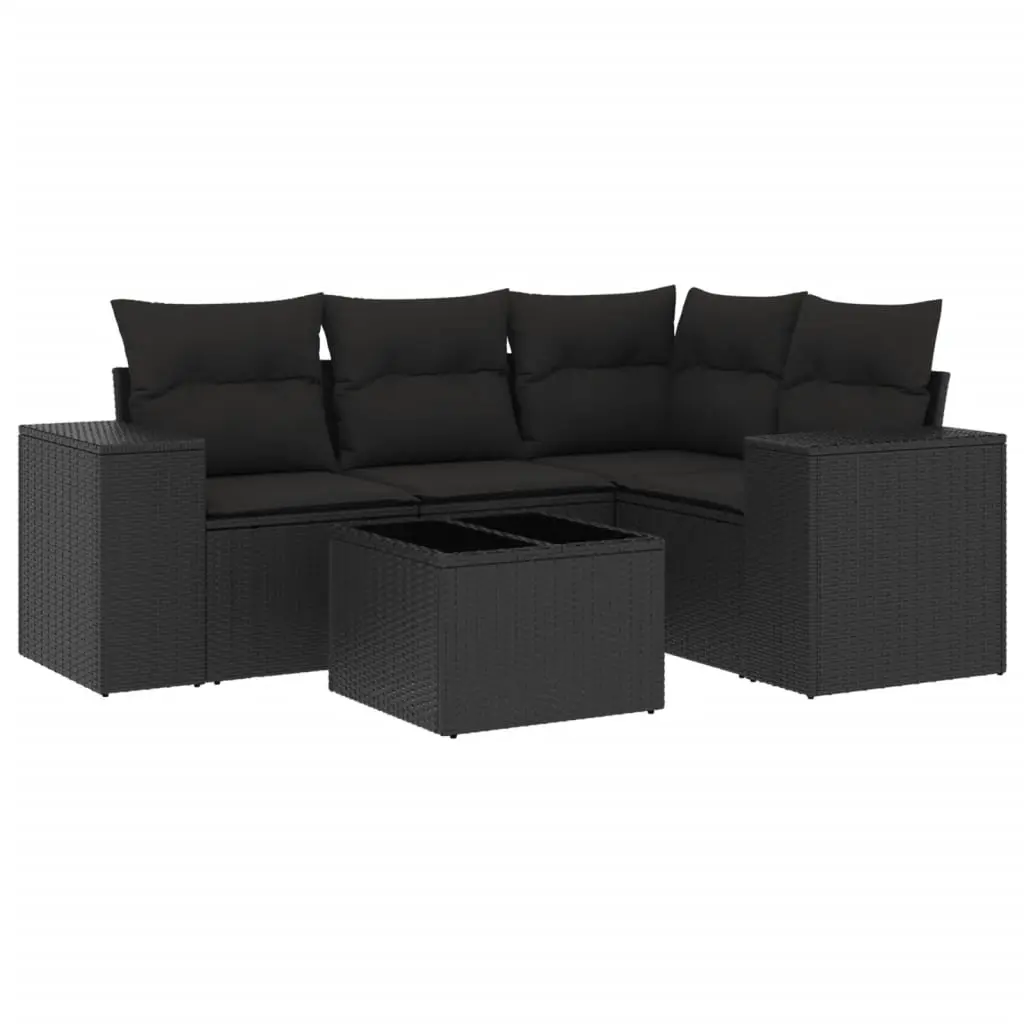 5 Piece Garden Sofa Set with Cushions Black Poly Rattan 3254852 - Furniture