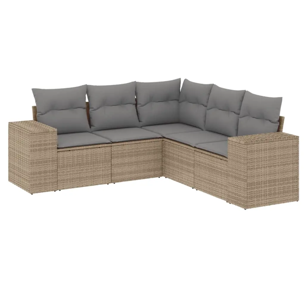 5 Piece Garden Sofa Set with Cushions Beige Poly Rattan 3254886 - Furniture