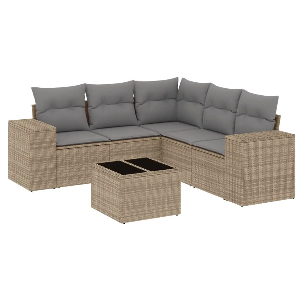 6 Piece Garden Sofa Set with Cushions Beige Poly Rattan 3254896 - Furniture
