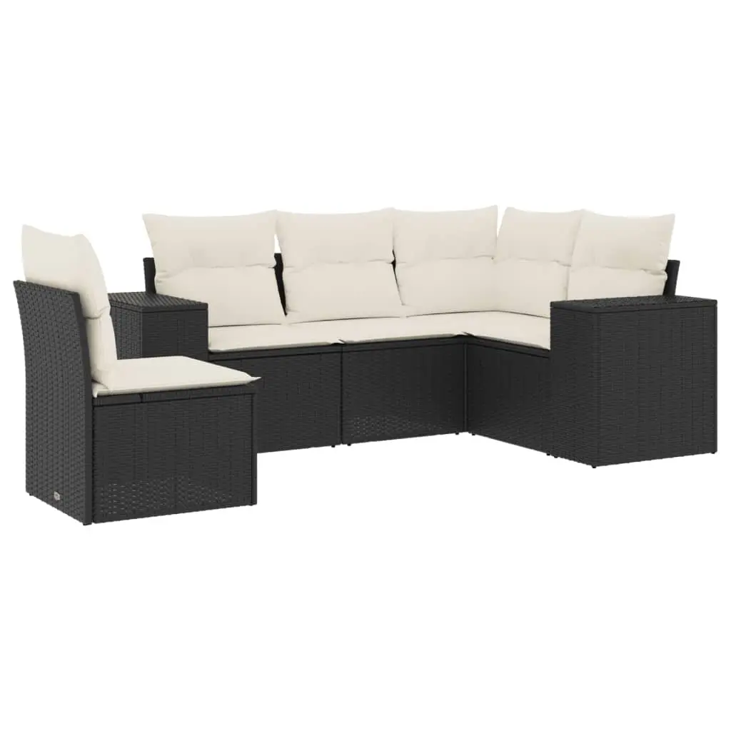 5 Piece Garden Sofa Set with Cushions Black Poly Rattan 3254903 - Furniture