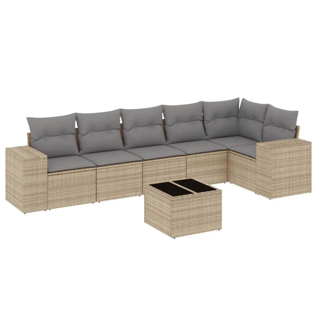 7 Piece Garden Sofa Set with Cushions Beige Poly Rattan 3254936 - Furniture