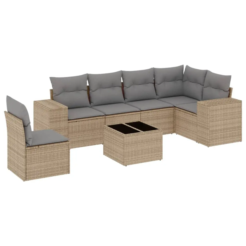 7 Piece Garden Sofa Set with Cushions Beige Poly Rattan 3254976 - Furniture