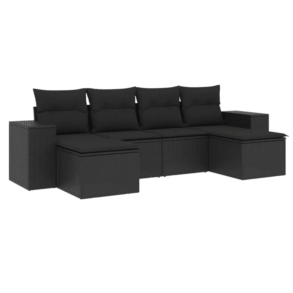 6 Piece Garden Sofa Set with Cushions Black Poly Rattan 3255252 - Furniture