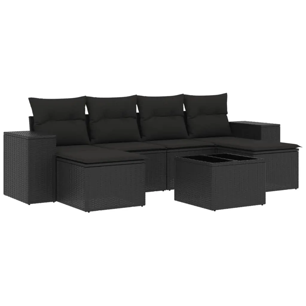 7 Piece Garden Sofa Set with Cushions Black Poly Rattan 3255262 - Furniture