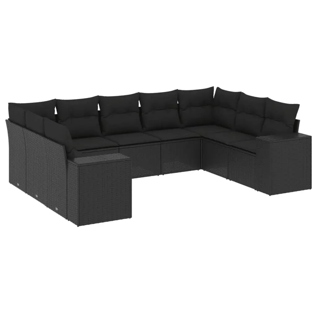 9 Piece Garden Sofa Set with Cushions Black Poly Rattan 3255332 - Furniture
