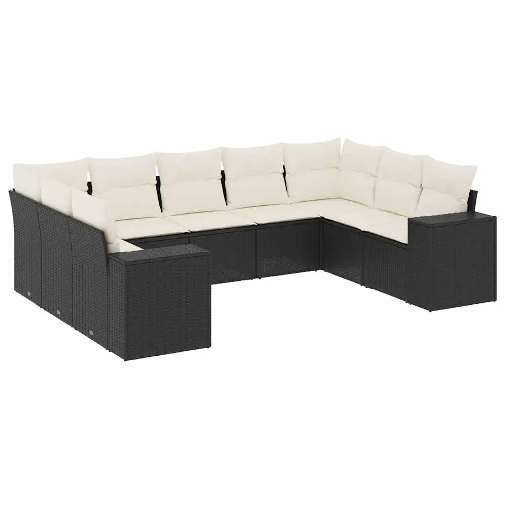 9 Piece Garden Sofa Set with Cushions Black Poly Rattan 3255333 - Furniture