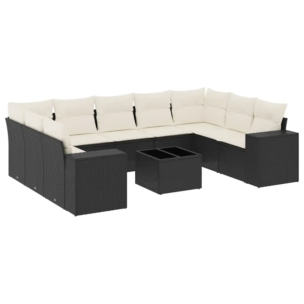 10 Piece Garden Sofa Set with Cushions Black Poly Rattan 3255343 - Furniture