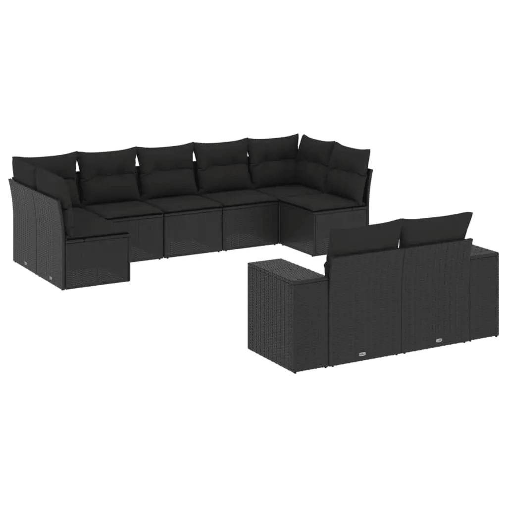 9 Piece Garden Sofa Set with Cushions Black Poly Rattan 3255352 - Furniture