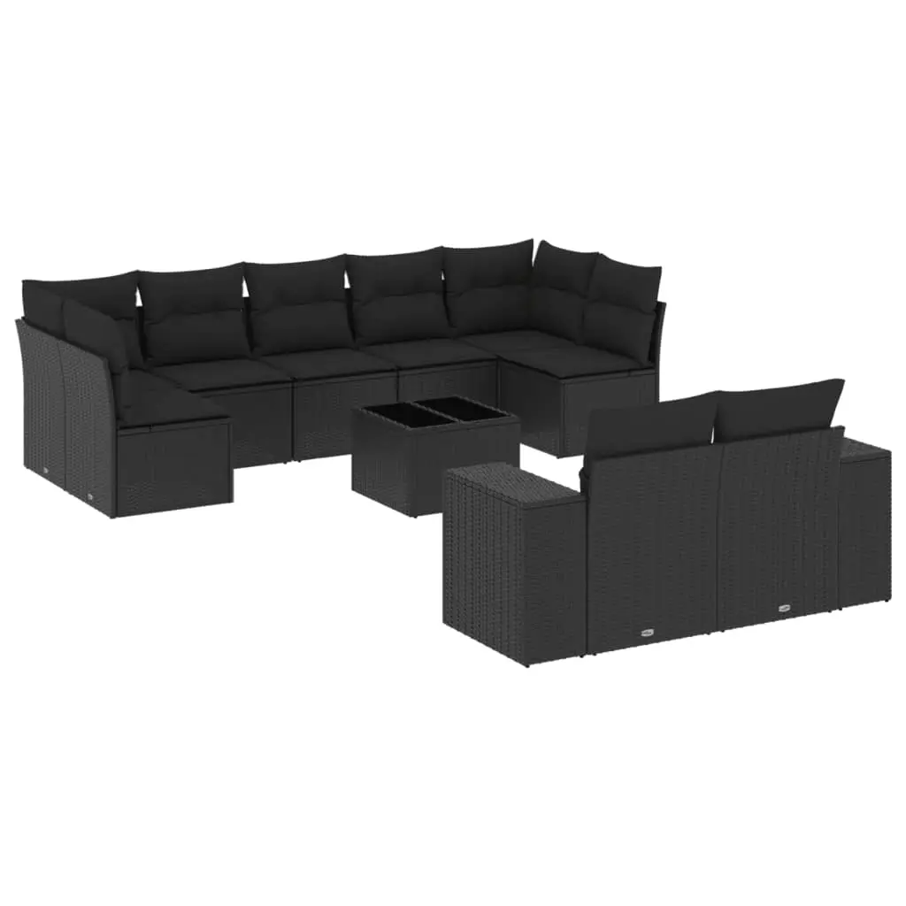 10 Piece Garden Sofa Set with Cushions Black Poly Rattan 3255362 - Furniture