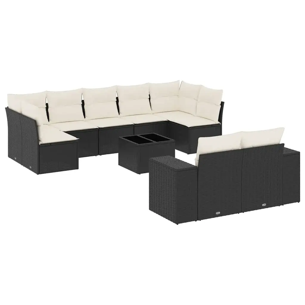 10 Piece Garden Sofa Set with Cushions Black Poly Rattan 3255363 - Furniture