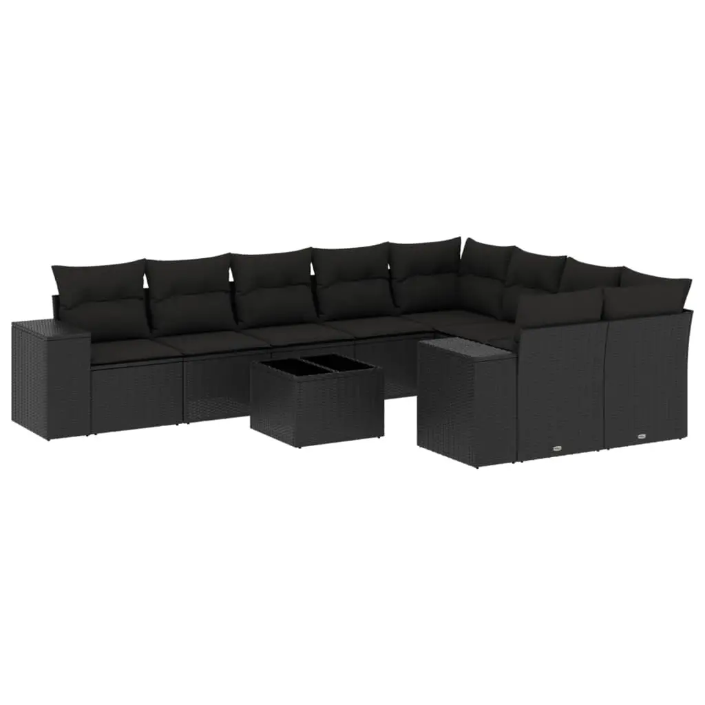 10 Piece Garden Sofa Set with Cushions Black Poly Rattan 3255382 - Furniture