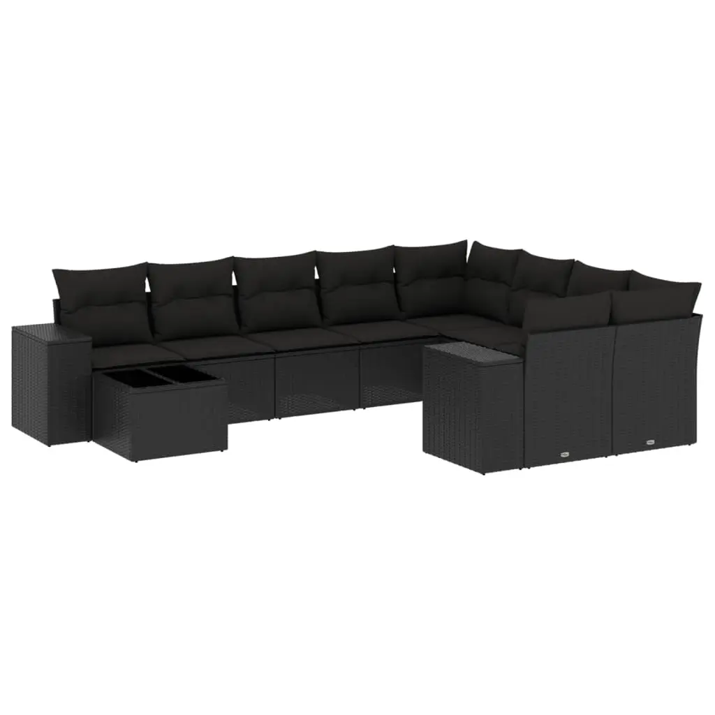 10 Piece Garden Sofa Set with Cushions Black Poly Rattan 3255392 - Furniture
