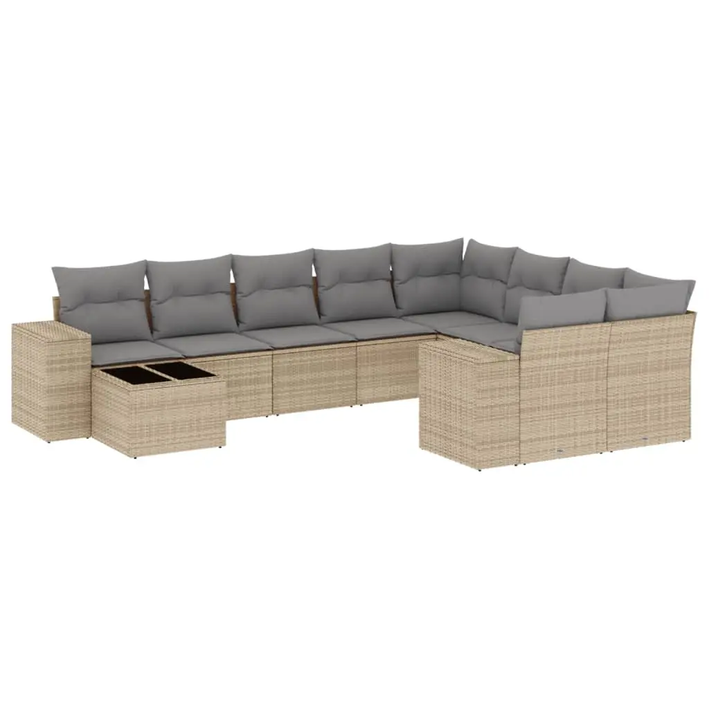10 Piece Garden Sofa Set with Cushions Beige Poly Rattan 3255396 - Furniture