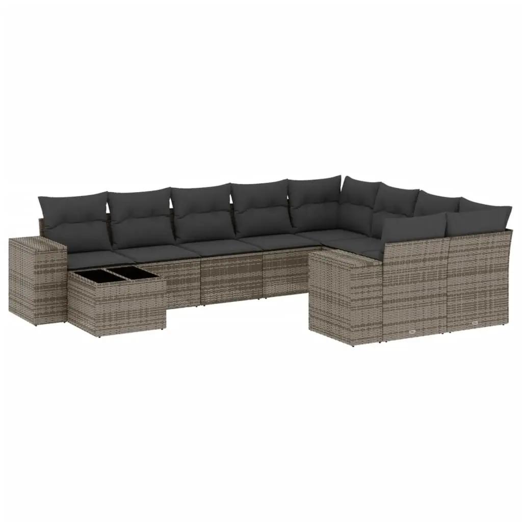 10 Piece Garden Sofa Set with Cushions Grey Poly Rattan 3255397 - Furniture