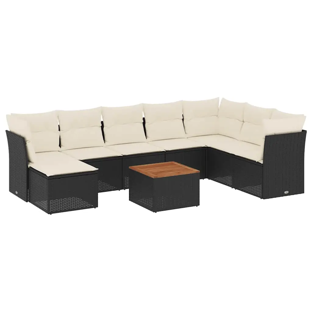 9 Piece Garden Sofa Set with Cushions Black Poly Rattan 3256112 - Furniture
