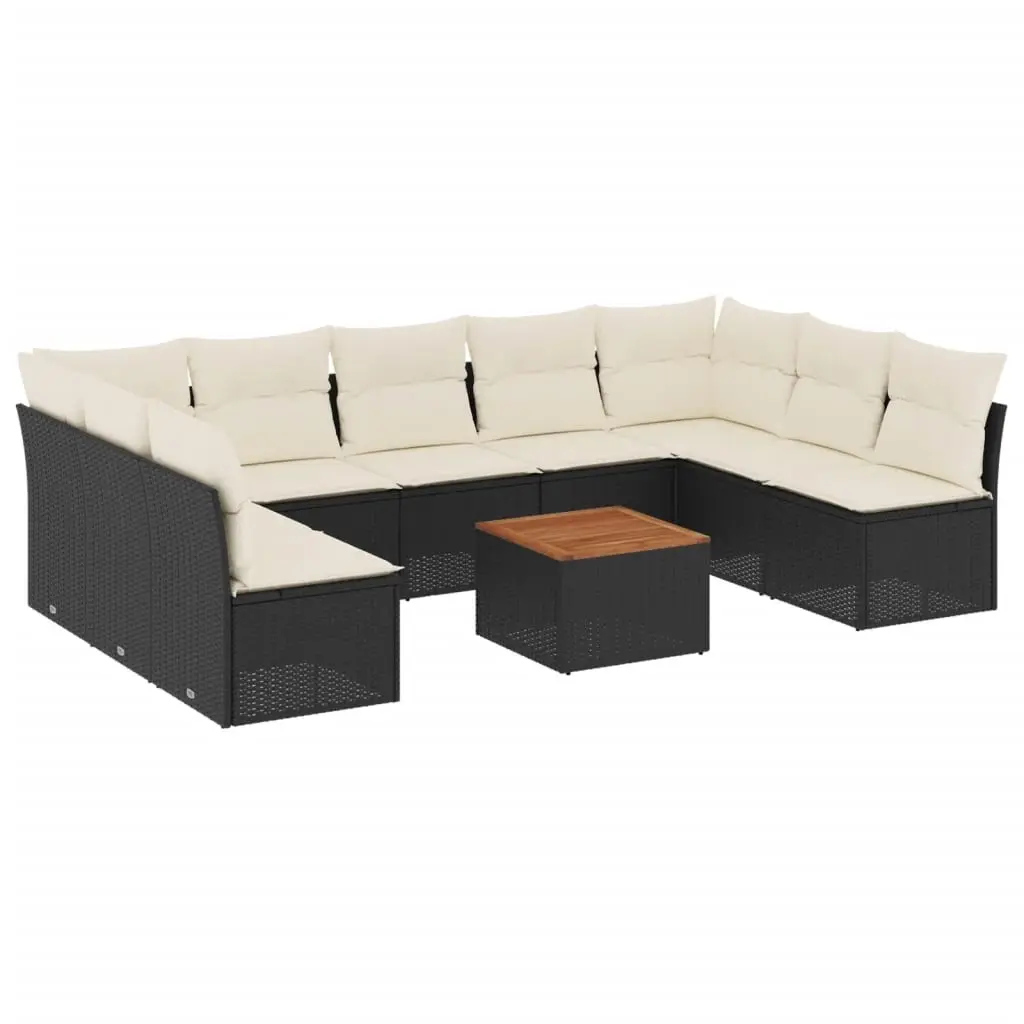 10 Piece Garden Sofa Set with Cushions Black Poly Rattan 3256119 - Furniture