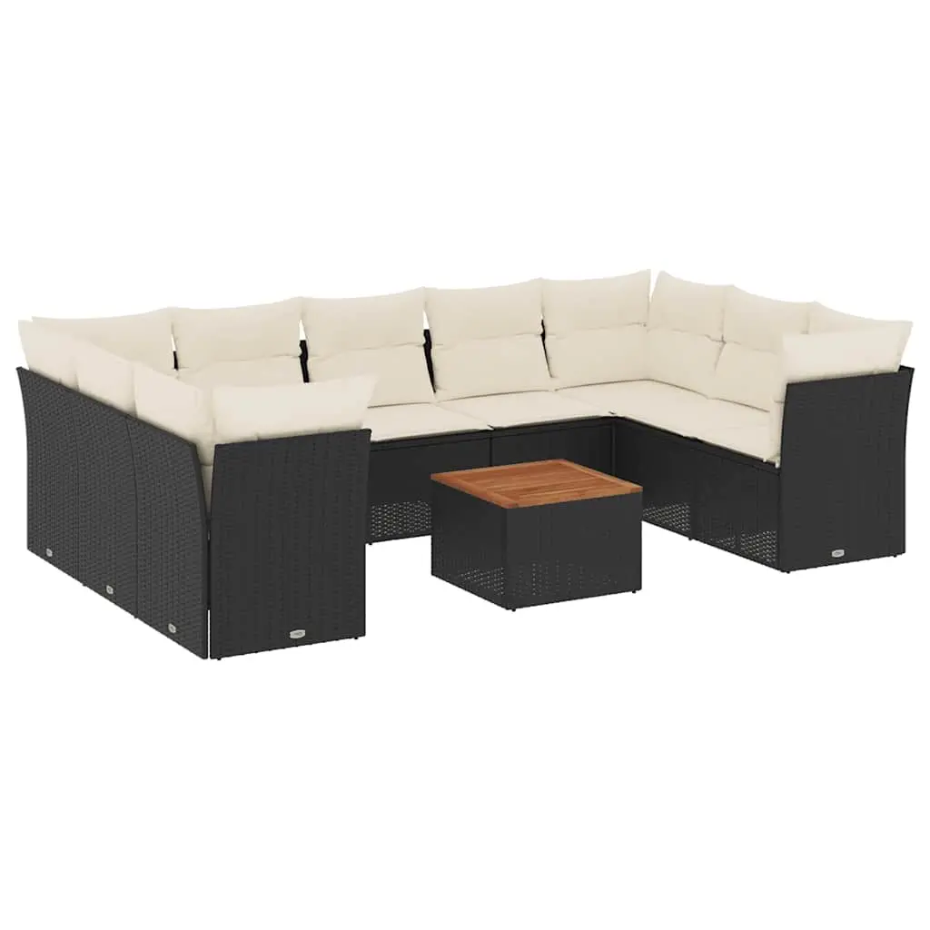 10 Piece Garden Sofa Set with Cushions Black Poly Rattan 3256133 - Furniture