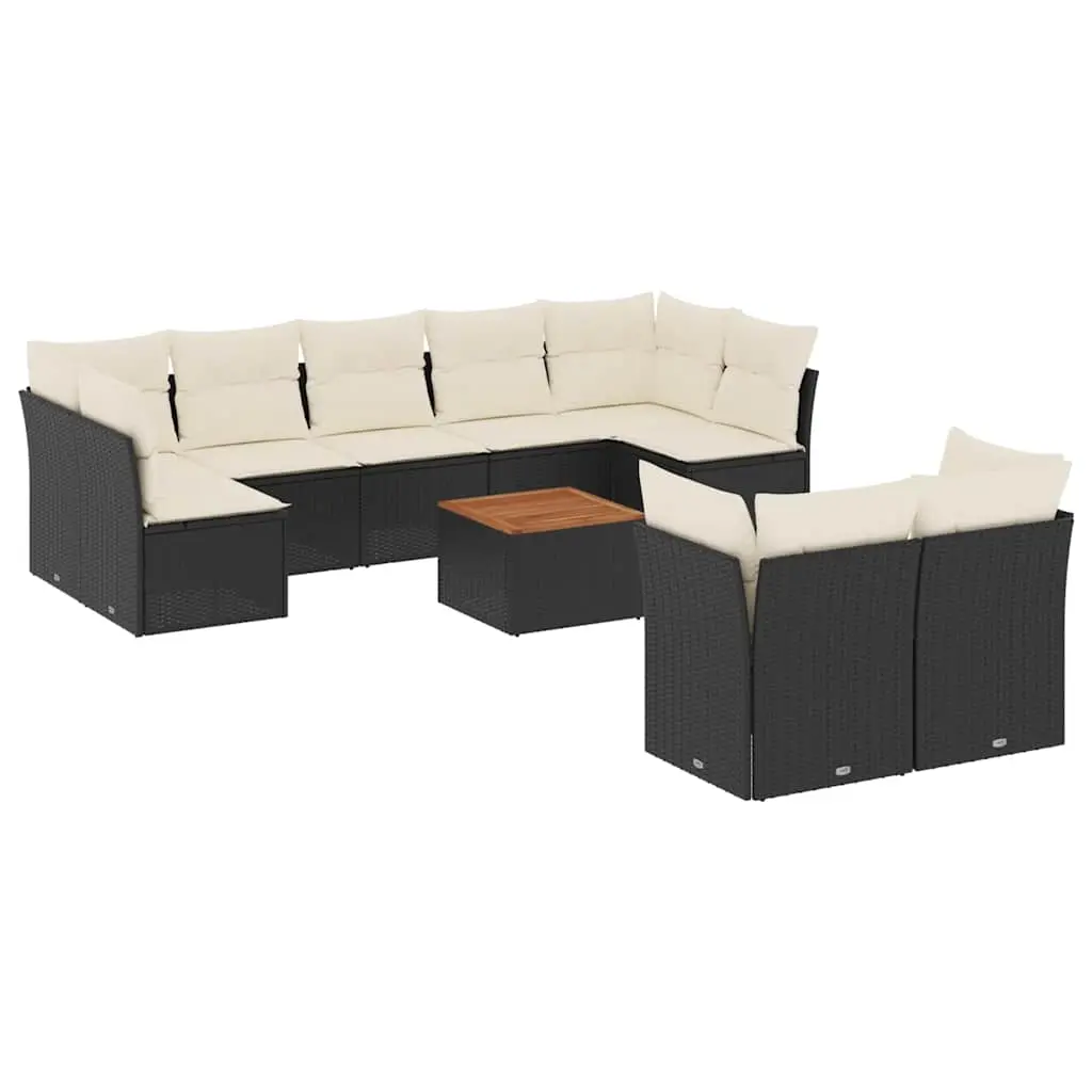 10 Piece Garden Sofa Set with Cushions Black Poly Rattan 3256140 - Furniture