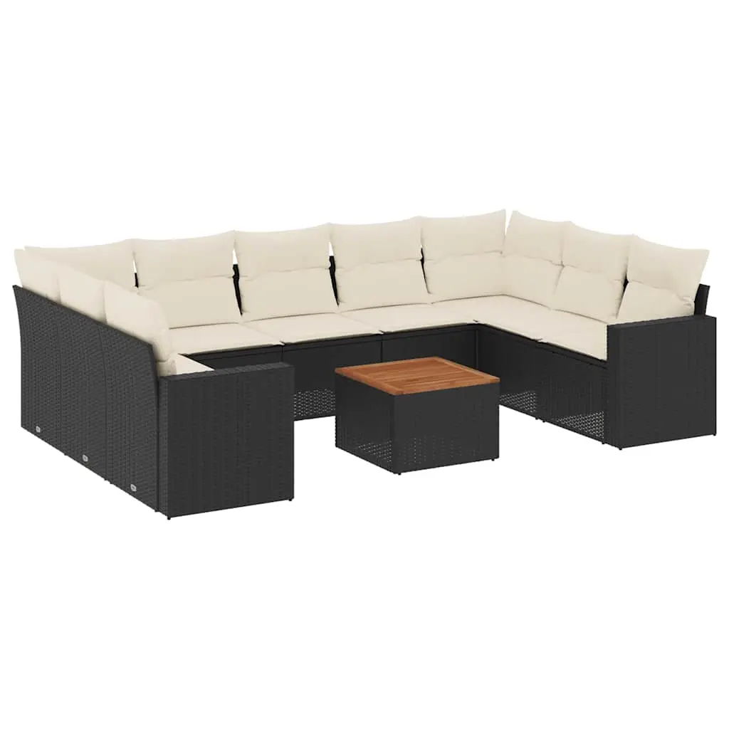10 Piece Garden Sofa Set with Cushions Black Poly Rattan 3256595 - Furniture