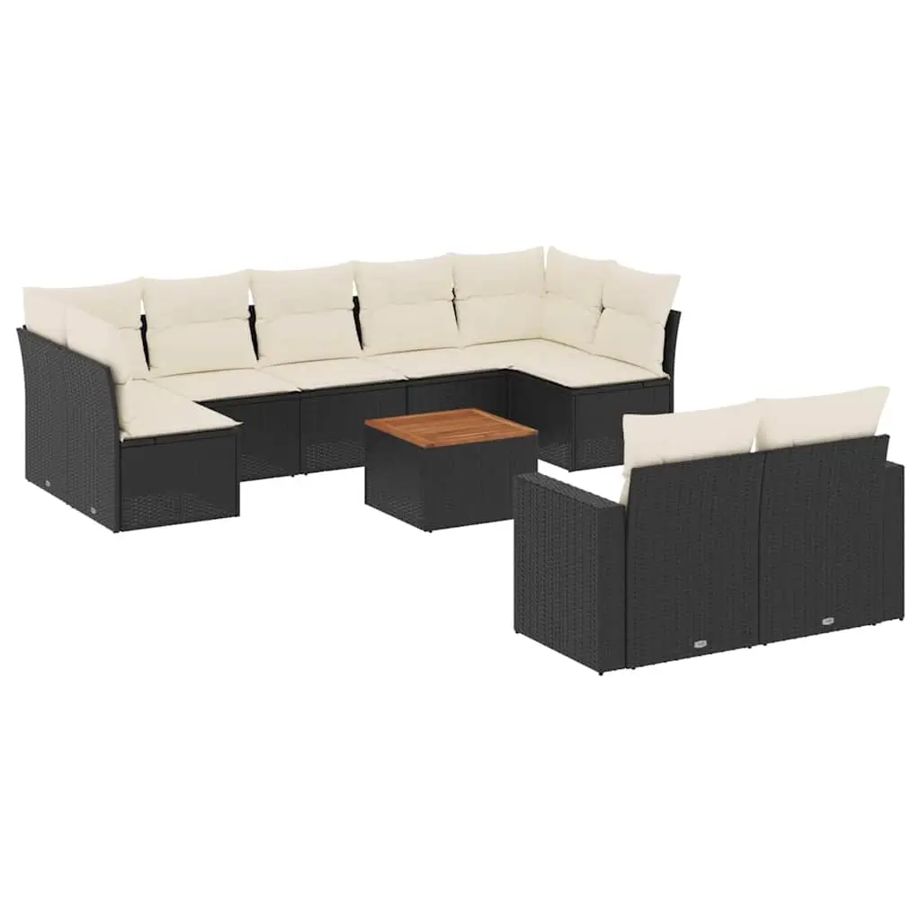 10 Piece Garden Sofa Set with Cushions Black Poly Rattan 3256602 - Furniture