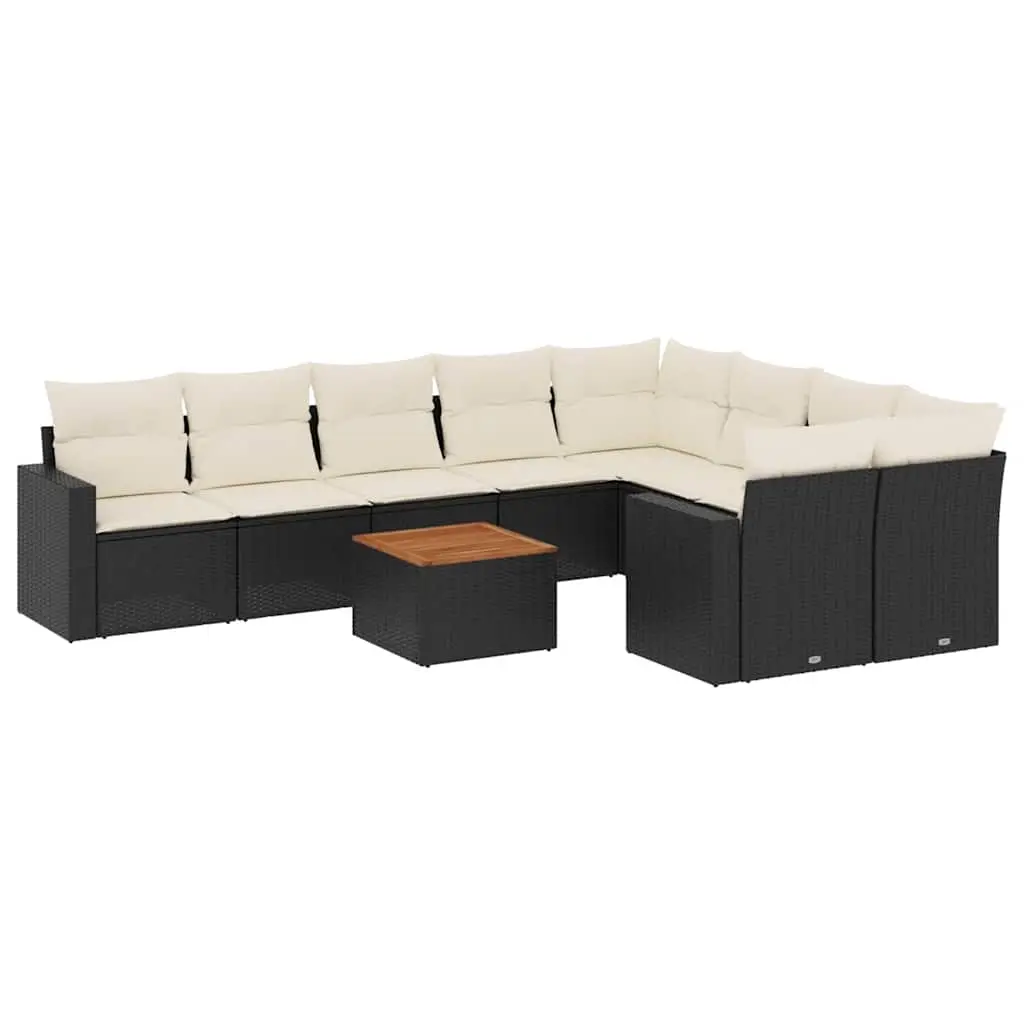10 Piece Garden Sofa Set with Cushions Black Poly Rattan 3256609 - Furniture