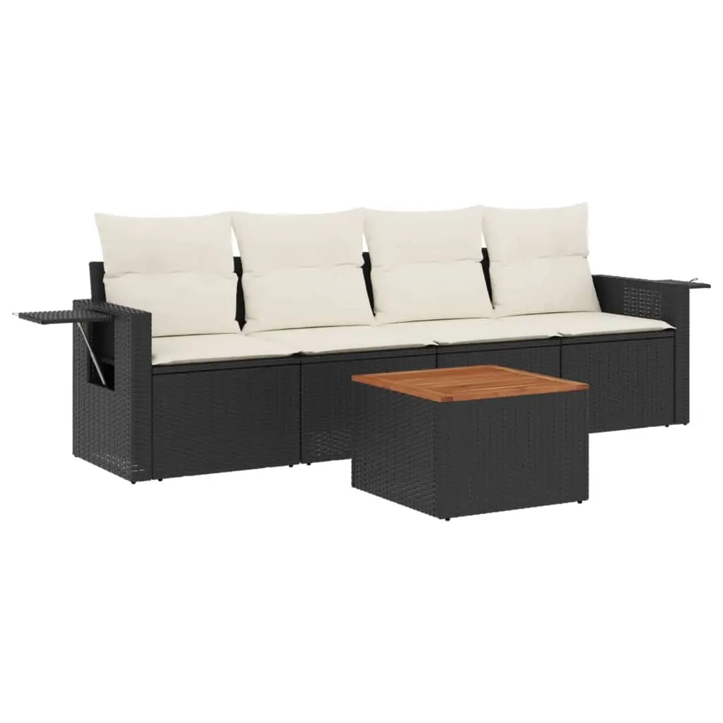 5 Piece Garden Sofa Set with Cushions Black Poly Rattan 3256770 - Furniture