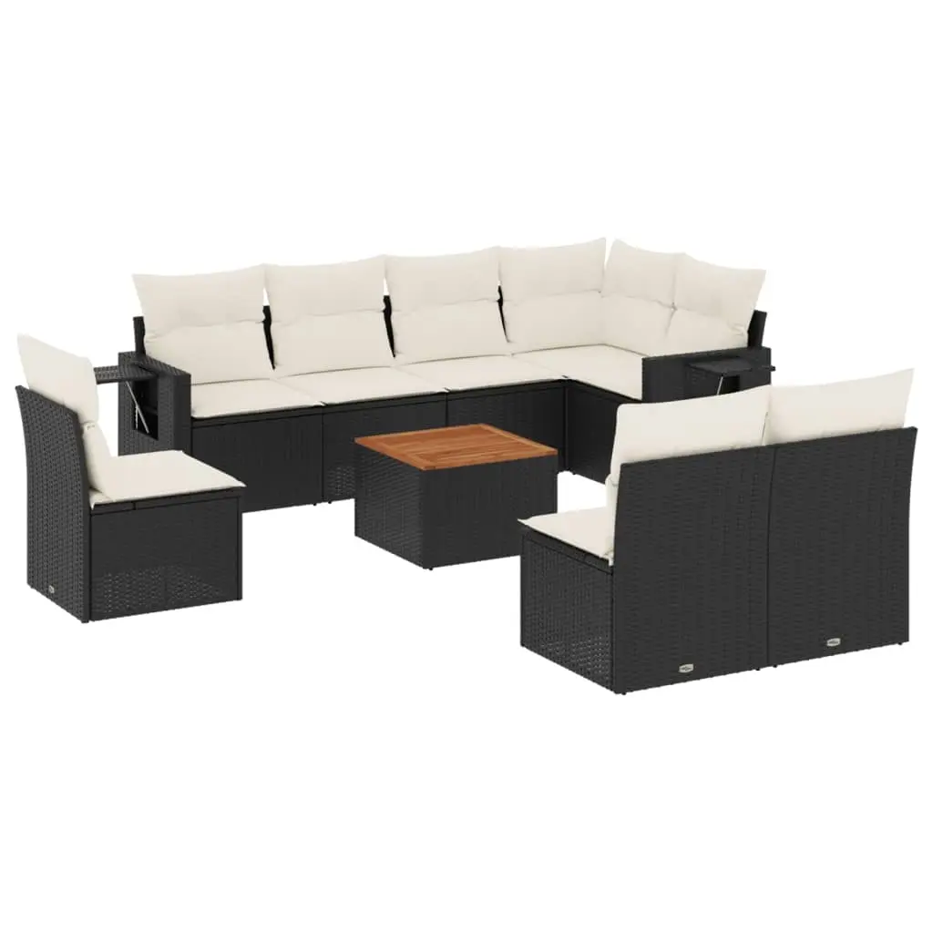 9 Piece Garden Sofa Set with Cushions Black Poly Rattan 3256931 - Furniture