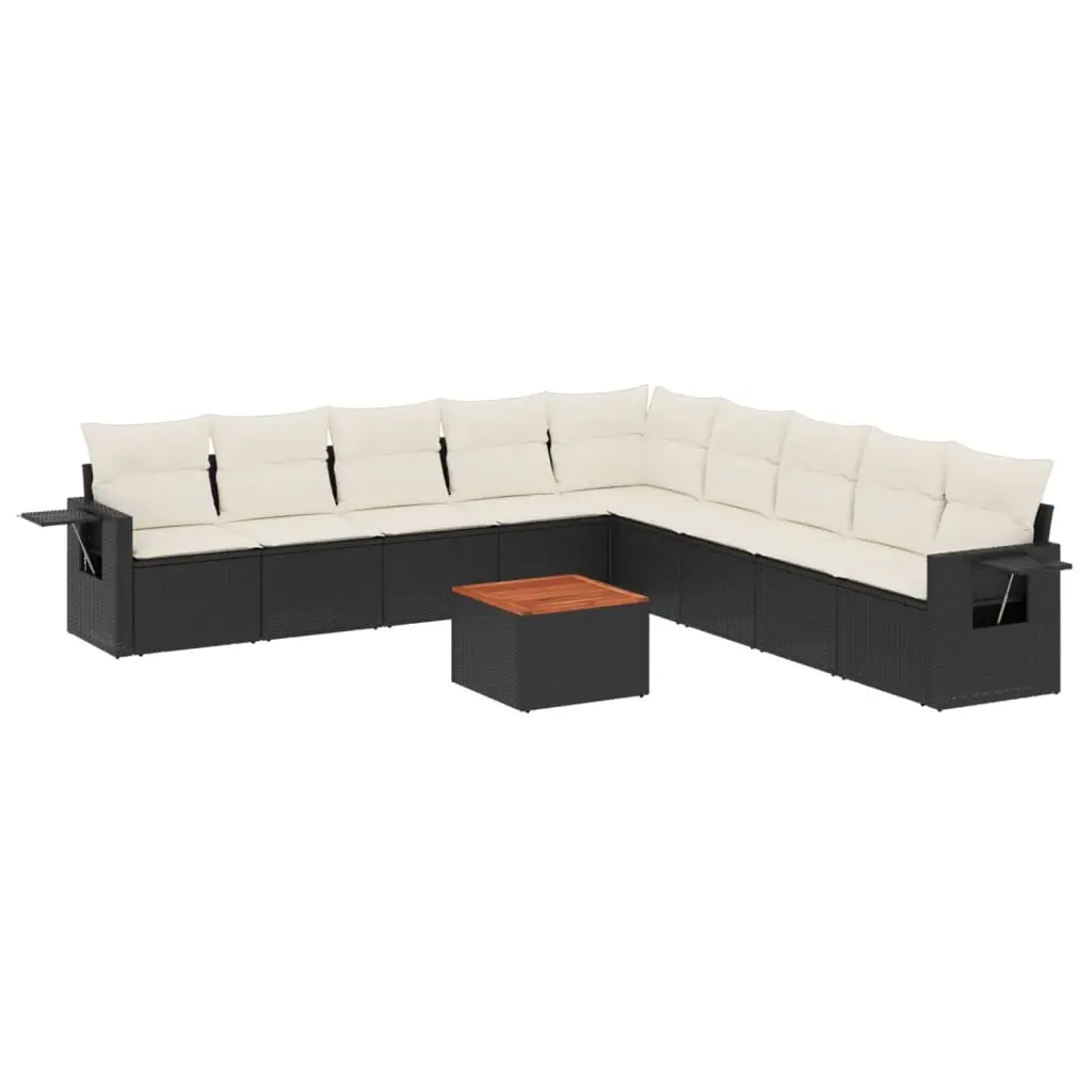 10 Piece Garden Sofa Set with Cushions Black Poly Rattan 3256938 - Furniture