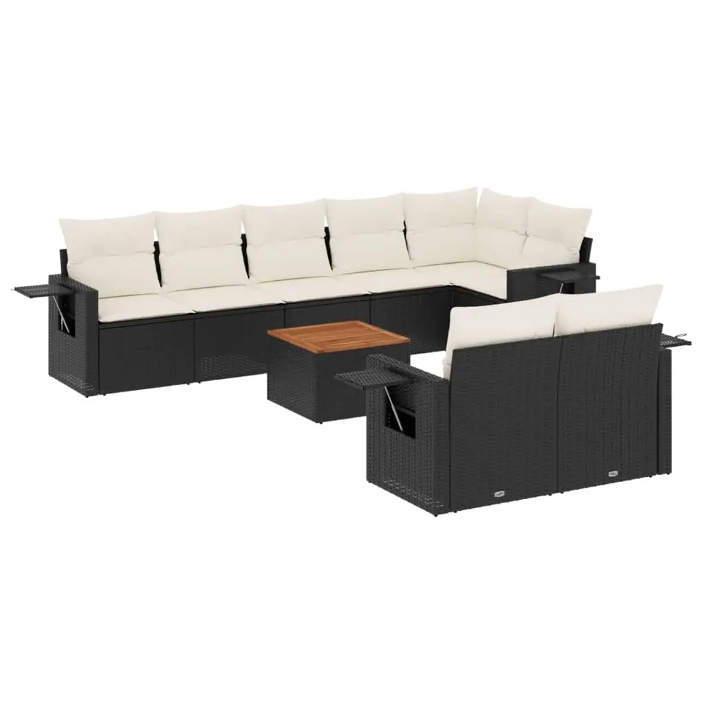 9 Piece Garden Sofa Set with Cushions Black Poly Rattan 3256980 - Furniture
