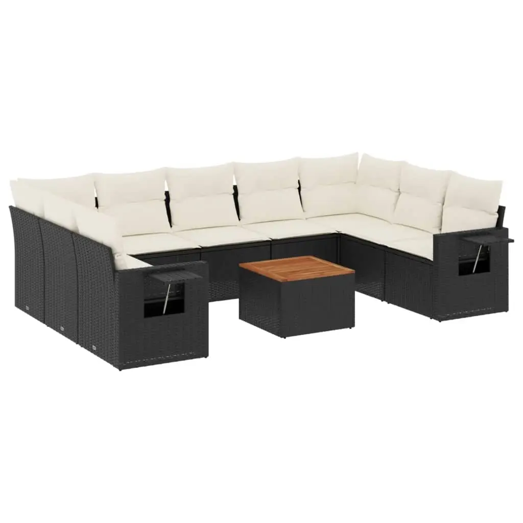 10 Piece Garden Sofa Set with Cushions Black Poly Rattan 3257036 - Furniture