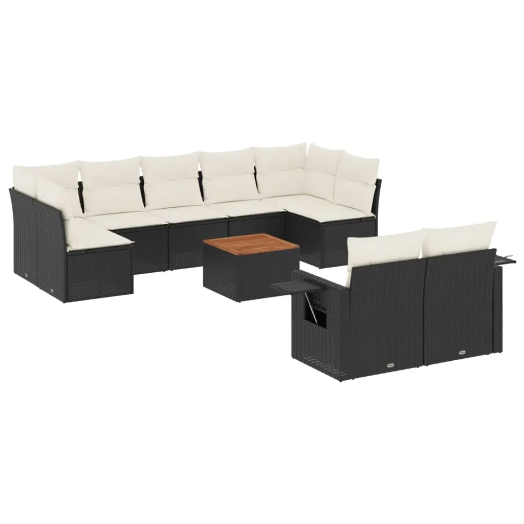 10 Piece Garden Sofa Set with Cushions Black Poly Rattan 3257043 - Furniture