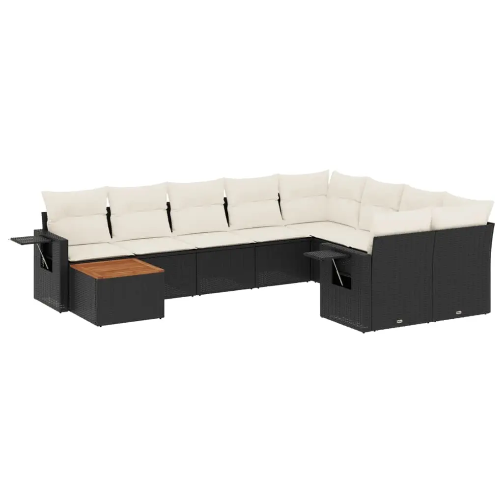 10 Piece Garden Sofa Set with Cushions Black Poly Rattan 3257057 - Furniture