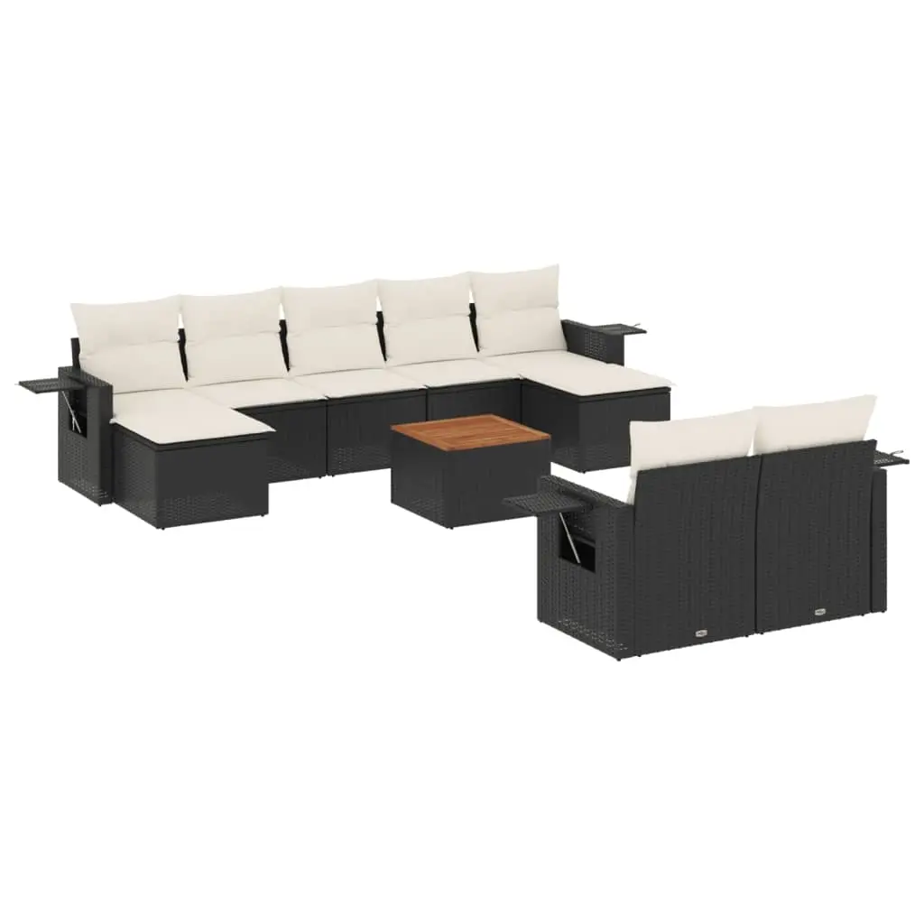 10 Piece Garden Sofa Set with Cushions Black Poly Rattan 3257106 - Furniture