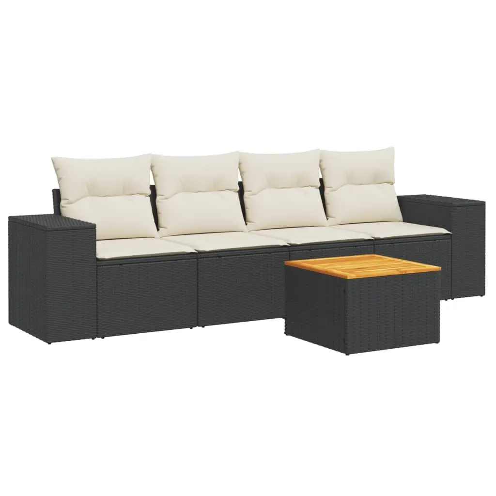 5 Piece Garden Sofa Set with Cushions Black Poly Rattan 3257652 - Furniture