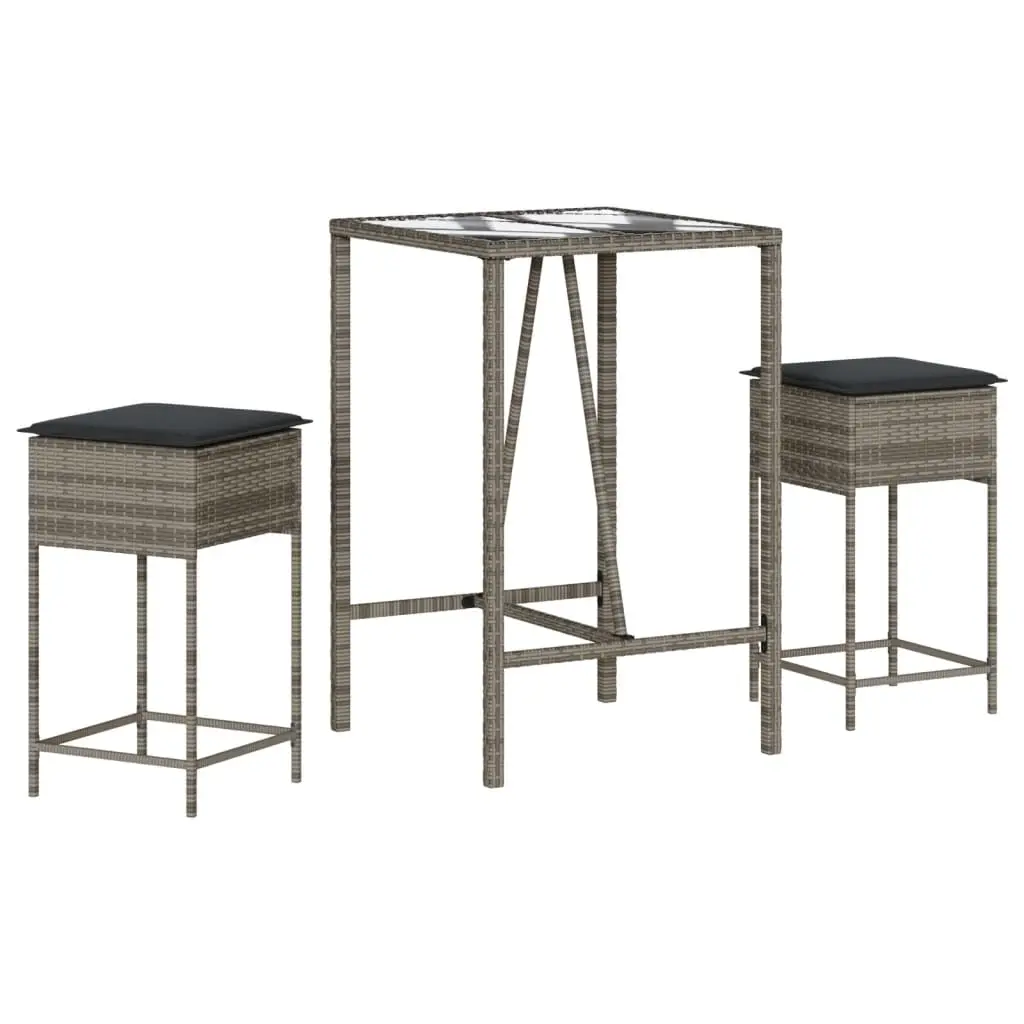 3 Piece Garden Bar Set with Cushions Grey Poly Rattan 3261462 - Furniture