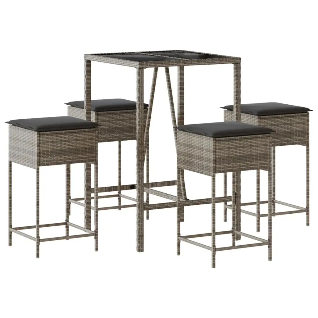 5 Piece Garden Bar Set with Cushions Grey Poly Rattan 3261463 - Furniture