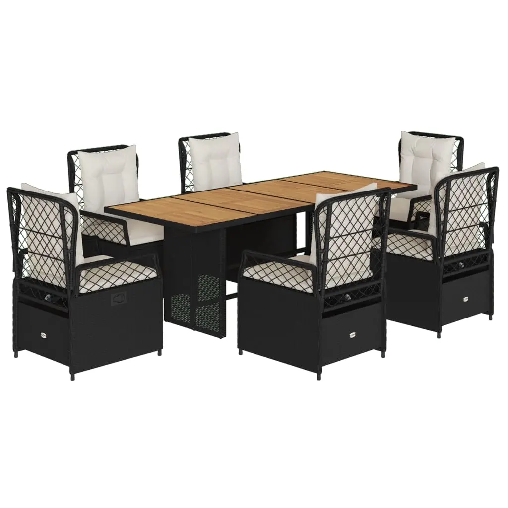 7 Piece Garden Dining Set with Cushions Black Poly Rattan 3262924 - Furniture